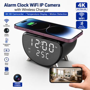 IP Camera Wireless Charger with Alarm Clock Camera 4K HD Camcorder Temperature Display Motion Detection Surveillance Home Security Camera - Image 1