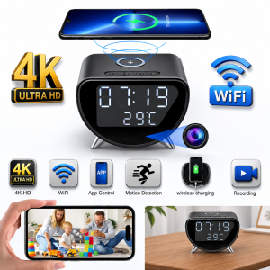 IP Camera Wireless Charger with Alarm Clock Camera 4K HD Camcorder Temperature Display Motion Detection Surveillance Home Security Camera - Image 2