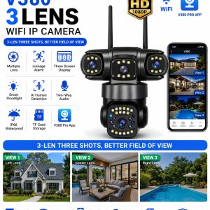 V380 Pro Three Lens Three Screen WiFi IP Camera HD 9MP Outdoor Waterproof Two Way Intercom Full Color Night Vision PTZ CCTV Security Camera - Image 2